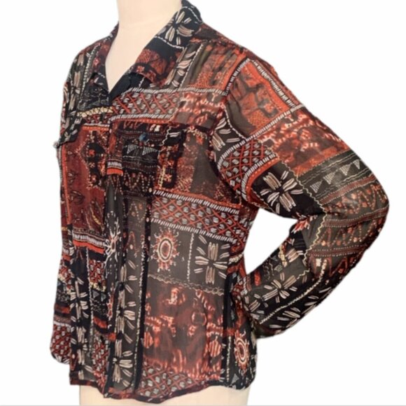 Chico's 2 L/12 Silk Semi Sheer Button Front Top Mixed Print Metallic Thread 116G - Picture 3 of 8